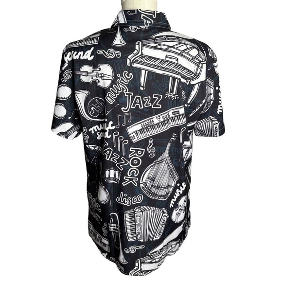 Manfinity Music Themed Button Up Shirt Large Black White Short Sleeve Hawaiian - Picture 4 of 7